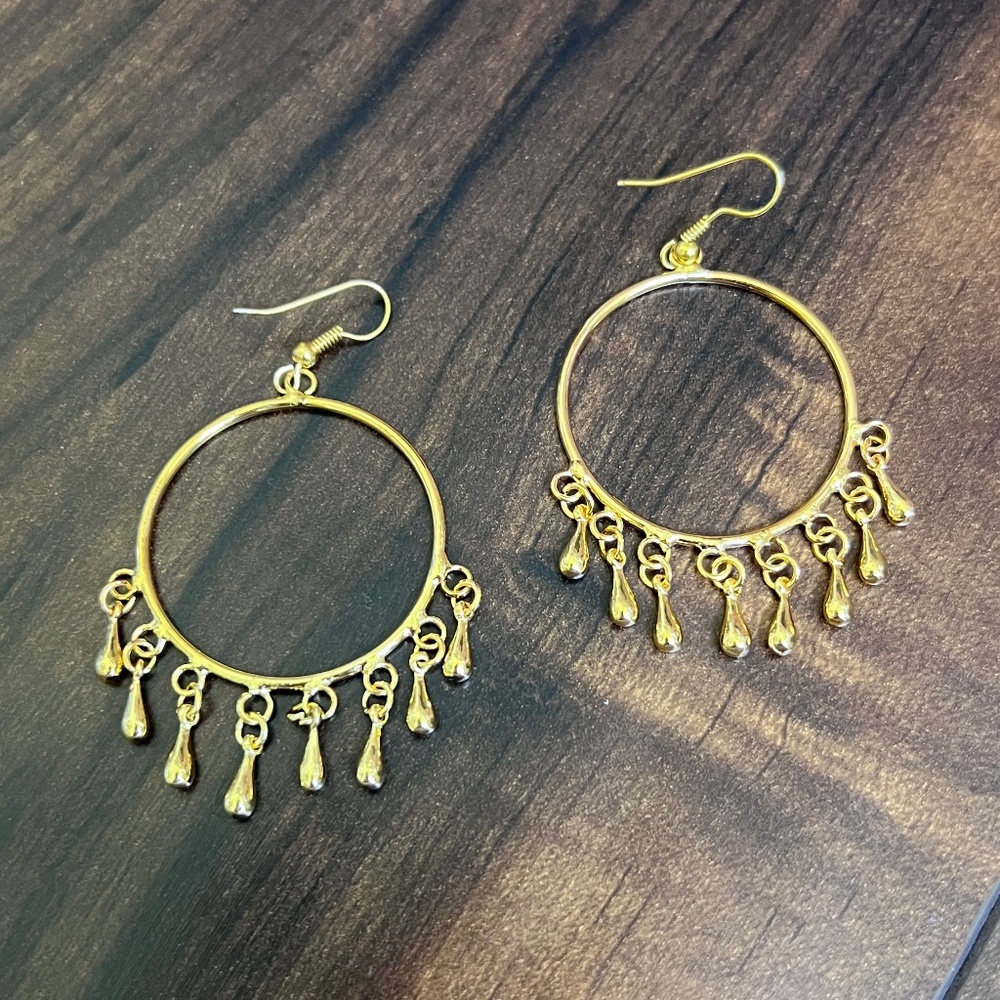 Large Gold Tone Open Circle with Multi Drops Earrings